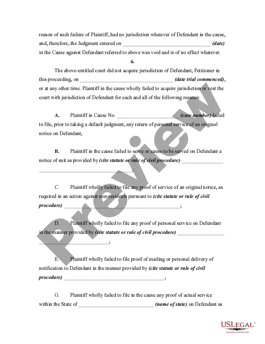 Get Petition to Vacate Judgment due to Failure to Acquire Jurisdiction over Defendant - Defective Service of Process Preview Petition to Vacate Judgment due to Failure to Acquire Jurisdiction over Defendant - Defective Service of Process