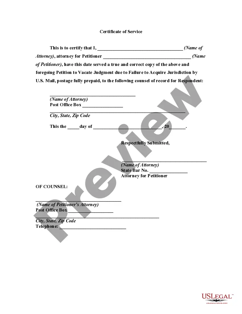 Get Petition to Vacate Judgment due to Failure to Acquire Jurisdiction over Defendant - Defective Service of Process Preview Petition to Vacate Judgment due to Failure to Acquire Jurisdiction over Defendant - Defective Service of Process