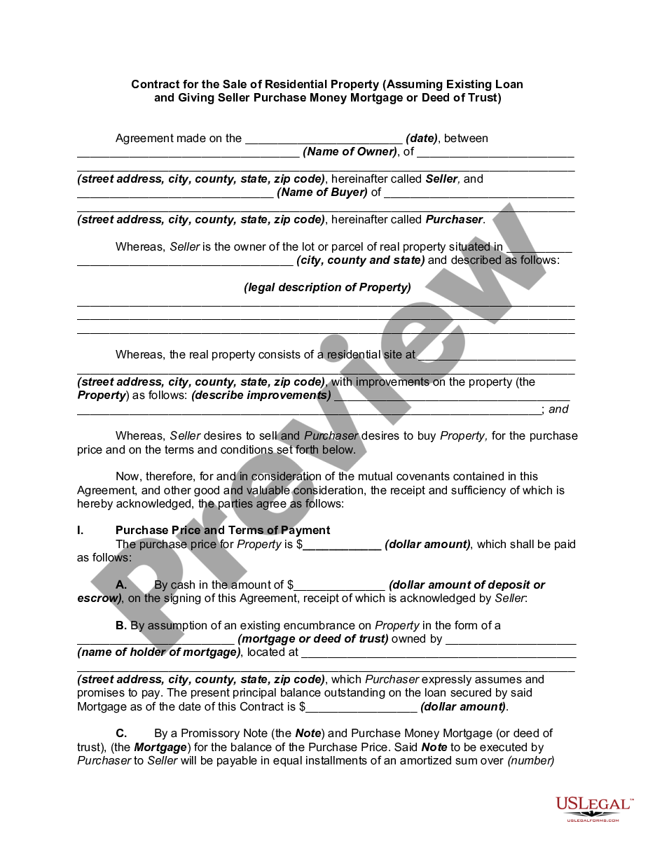page 0 Contract for the Sale of Residential Property Assuming Existing Loan and Giving Seller Purchase Money Mortgage or Deed of Trust preview