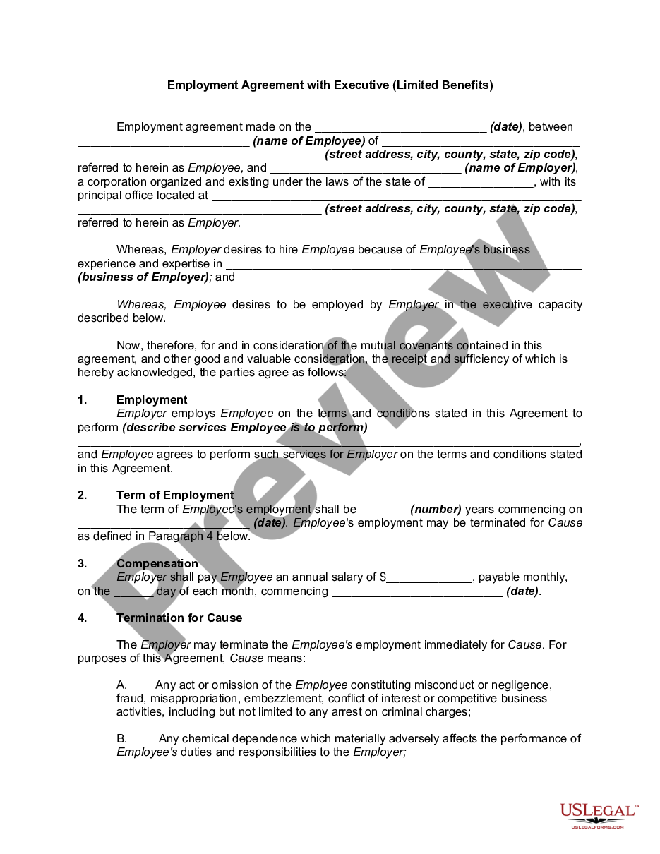 page 0 Employment Agreement with Executive - Limited Benefits preview