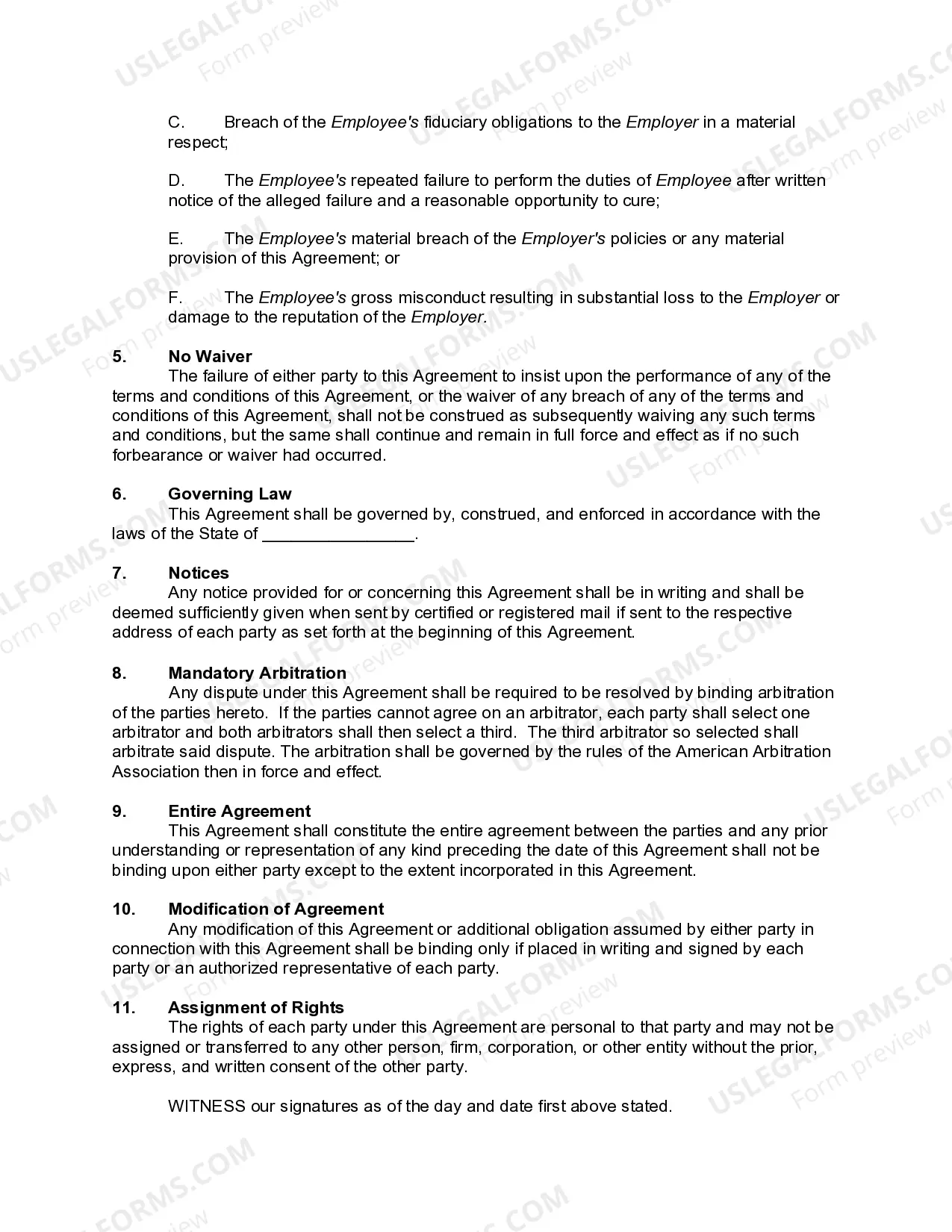 Preview Employment Agreement with Executive - Limited Benefits