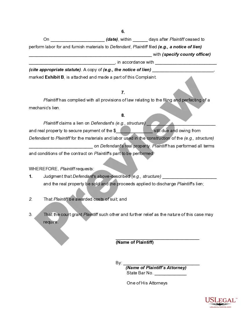 Preview Complaint or Petition to Foreclose on Mechanic's Lien