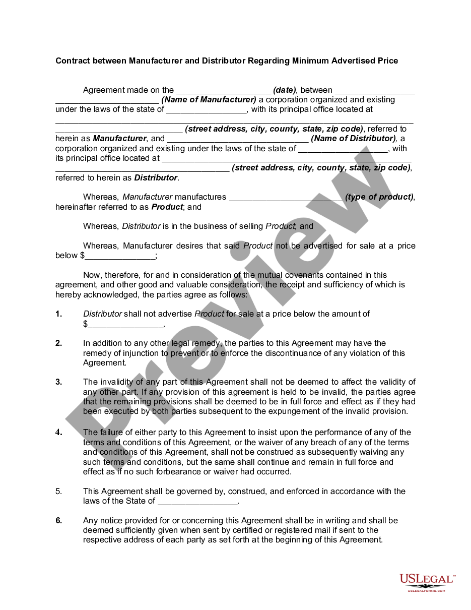 page 0 Contract between Manufacturer and Distributor Regarding Minimum Advertised Price preview