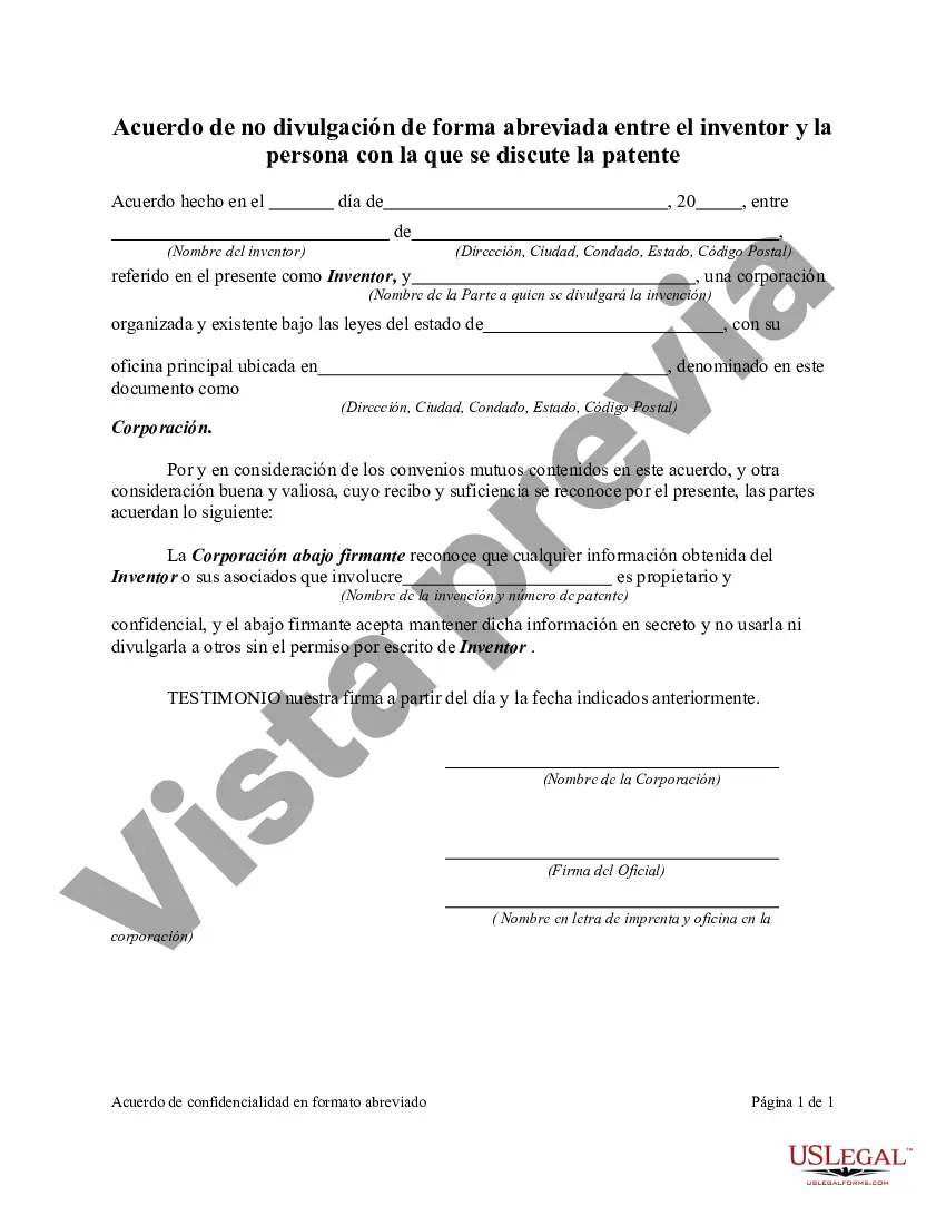 Preview Acuerdo de no divulgación de forma abreviada entre el inventor y la persona con la que se discute la patente