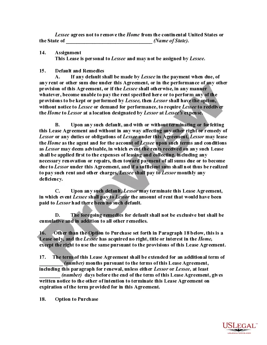 Preview Lease or Rental Agreement of Mobile or Manufactured Home with Option to Purchase and Own - Lease or Rent to Own