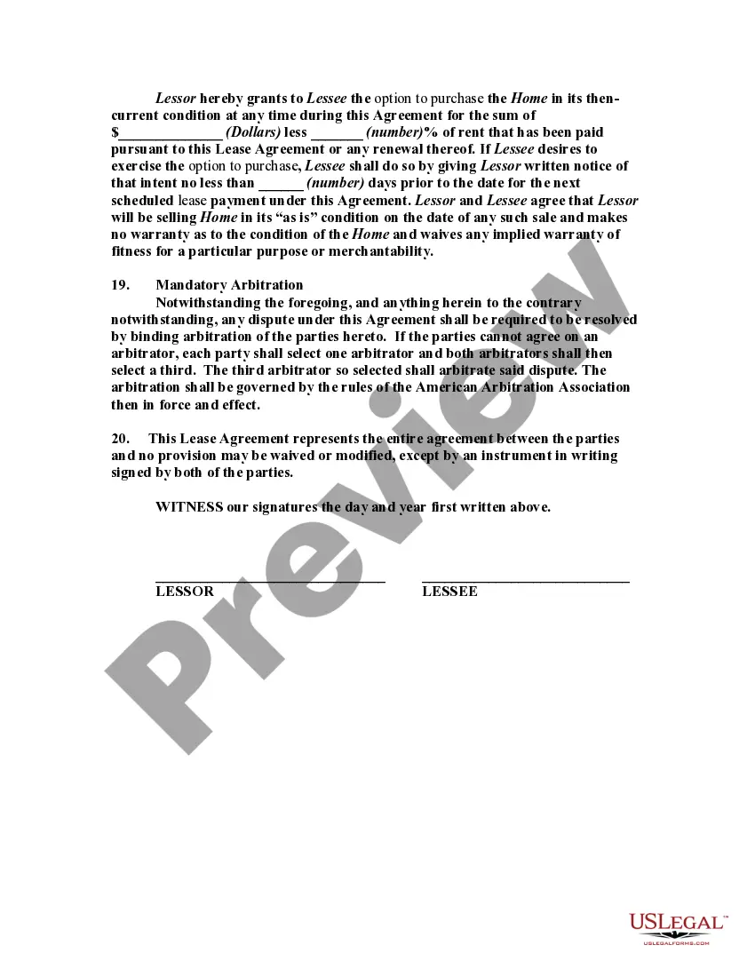 Preview Lease or Rental Agreement of Mobile or Manufactured Home with Option to Purchase and Own - Lease or Rent to Own