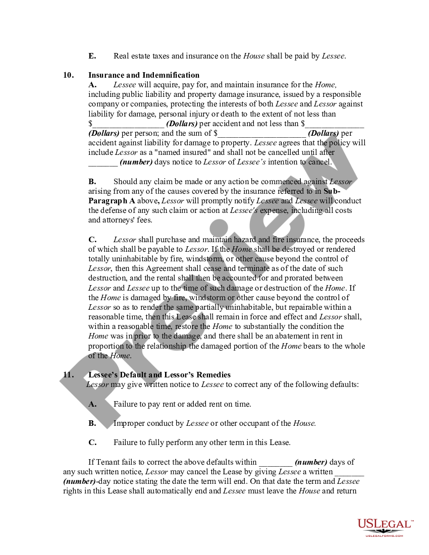 lease or rental agreement of stationary manufactured home with option