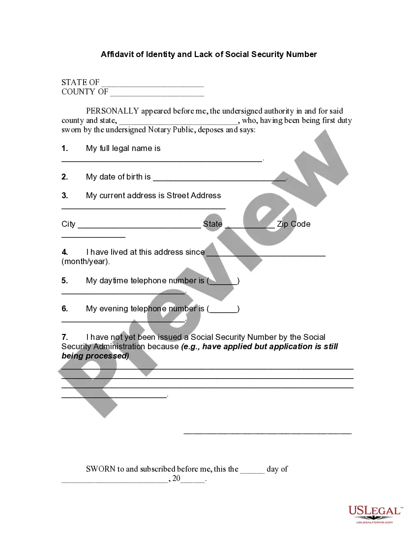 Preview Affidavit of Identity and Lack of Social Security Number
