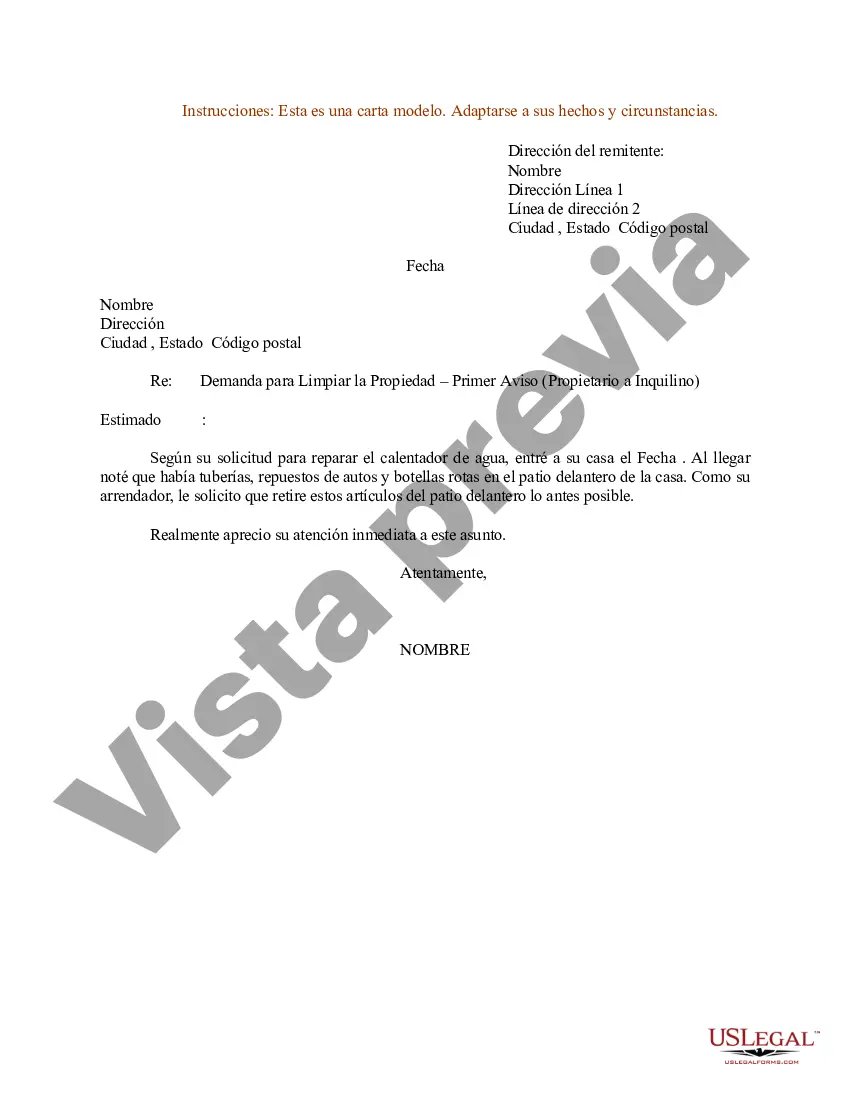 Preview Modelo de carta sobre la demanda de limpieza de la propiedad: primer aviso del propietario al inquilino