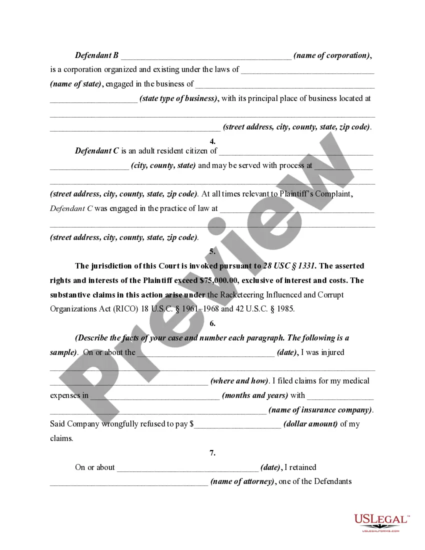 Preview Complaint in Federal Court for Conspiracy to Interfere with the Civil Rights of Plaintiff, RICO, and Legal Malpractice