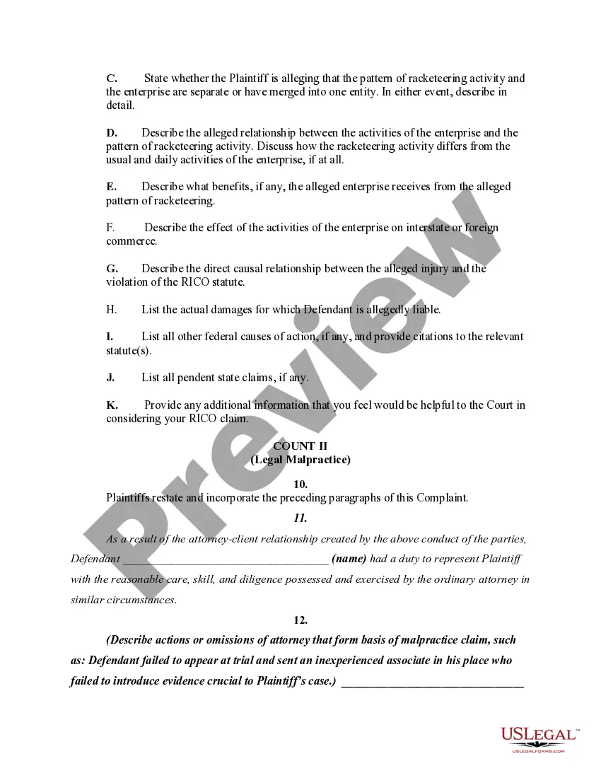 Preview Complaint in Federal Court for Conspiracy to Interfere with the Civil Rights of Plaintiff, RICO, and Legal Malpractice