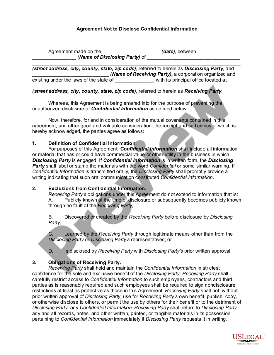 page 0 Agreement Not to Disclose Confidential Information preview