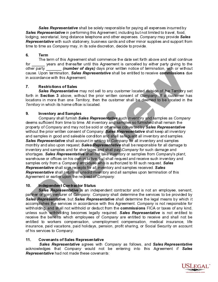 Get Sales Representative Agreement with Residual Payments for New Customers after Contract Terminates Preview Sales Representative Agreement with Residual Payments for New Customers after Contract Terminates