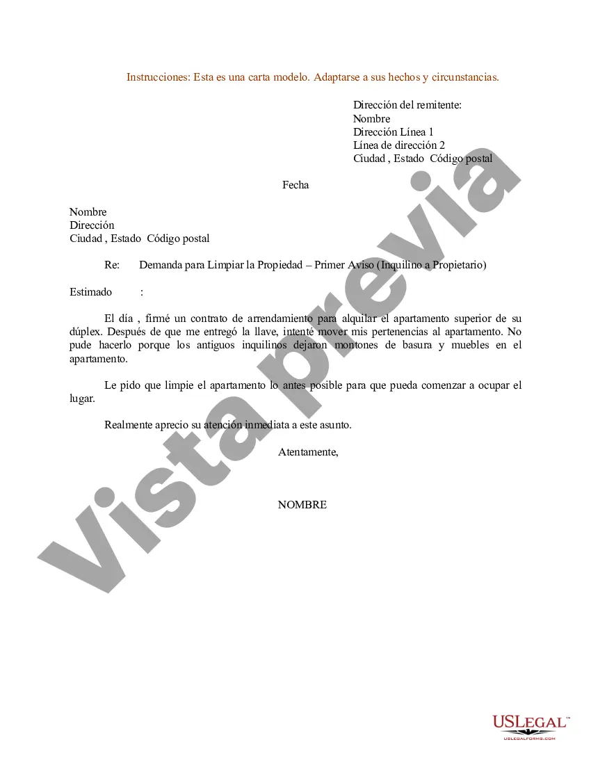 Preview Modelo de carta sobre la demanda de limpieza de la propiedad: primer aviso del inquilino al propietario