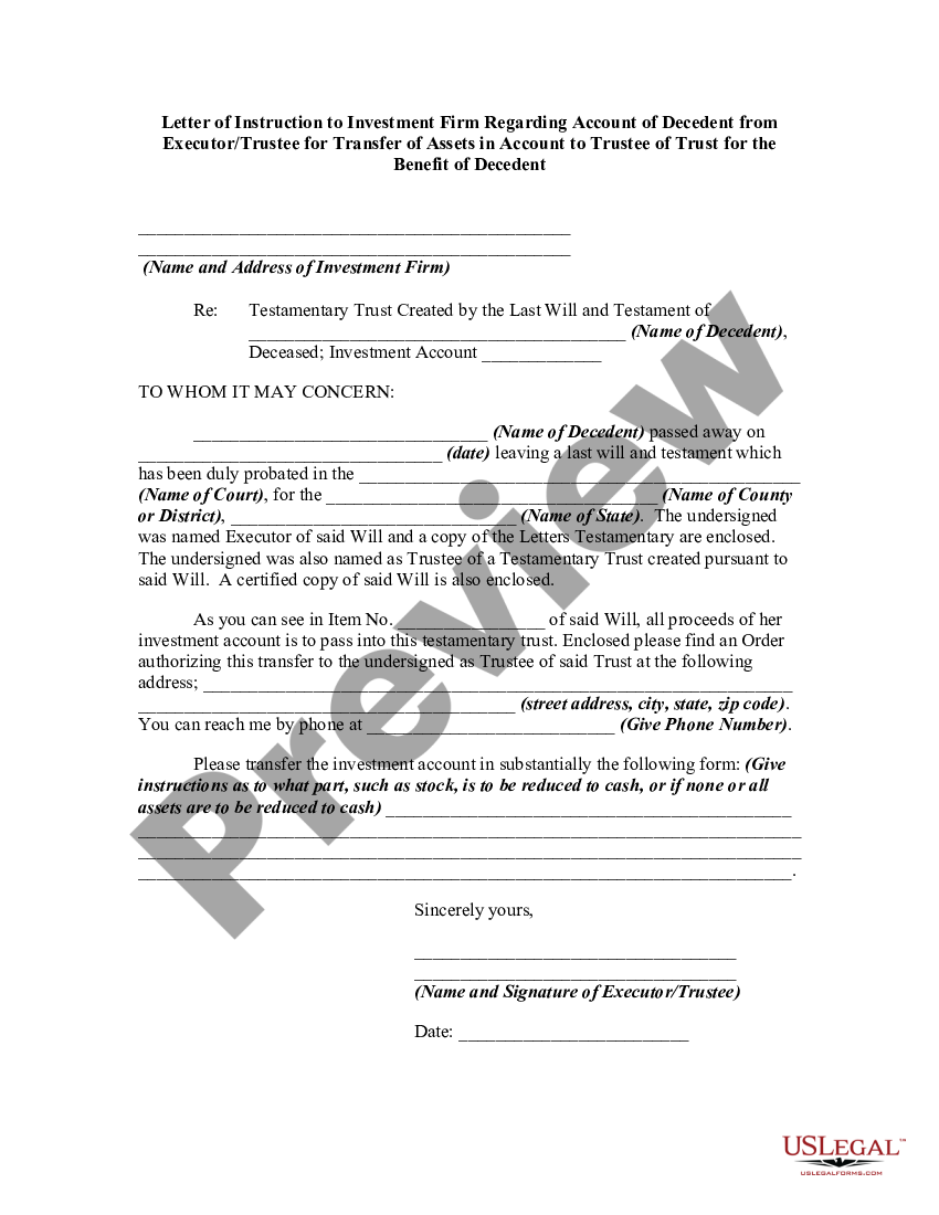 Puerto Rico Letter Of Instruction To Investment Firm Regarding Account Of Decedent From Executor