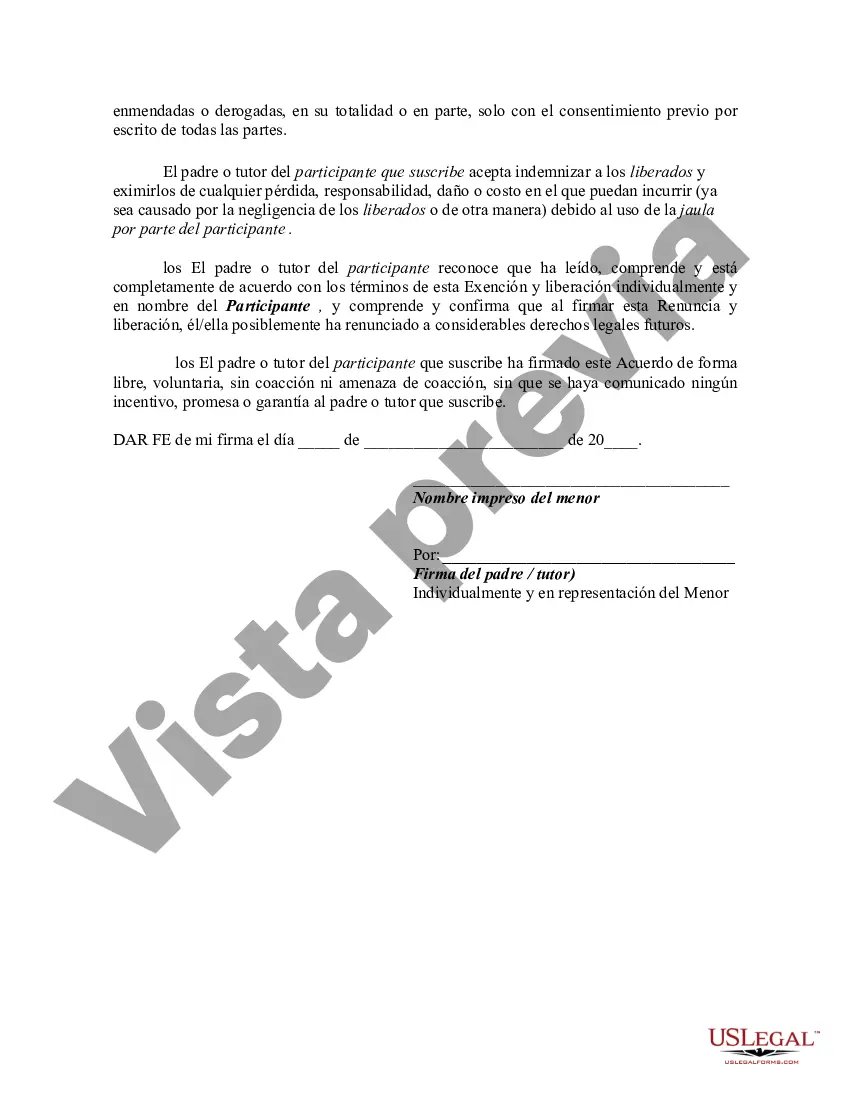 Preview Exención y liberación de responsabilidad por el uso de jaulas de bateo de béisbol y sóftbol en interiores - Menor
