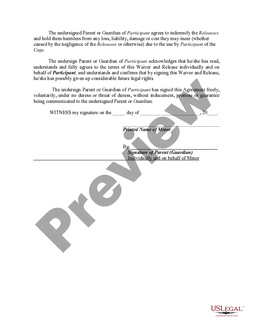 Get Waiver and Release from Liability for Using Indoor Softball and Baseball Batting Cage - Minor Preview Waiver and Release from Liability for Using Indoor Softball and Baseball Batting Cage - Minor