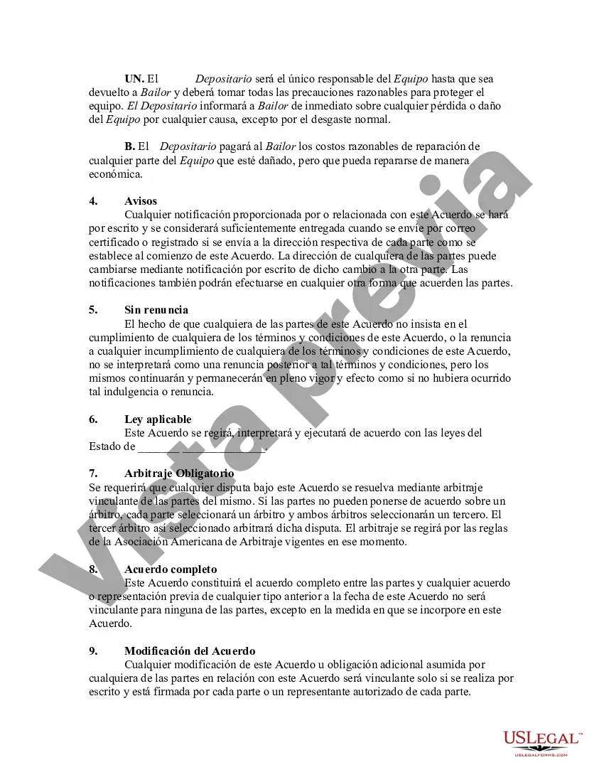 Preview Contrato de depósito entre el propietario del equipo, el depositante y el comprador potencial, el depositario para permitir que el comprador potencial pruebe la propiedad