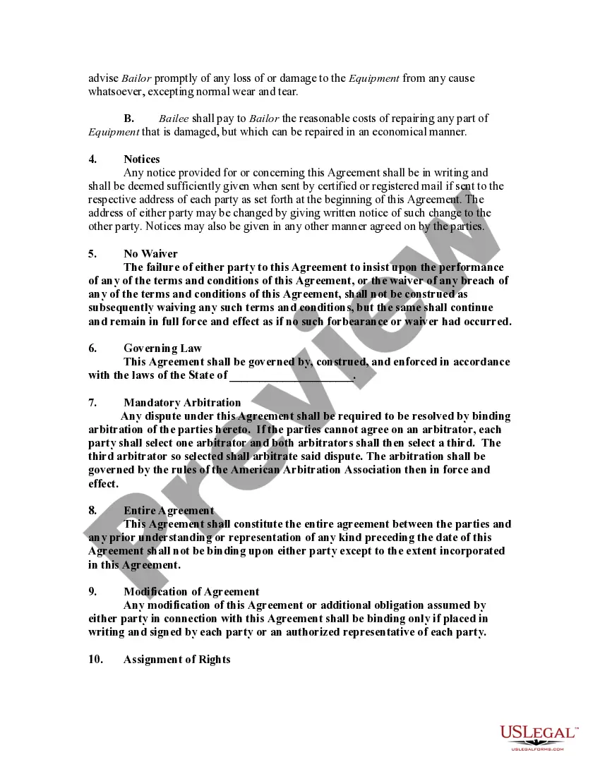 Get Bailment Contract between Owner of Equipment - Bailor and Prospective Purchaser - Bailee in Order to Allow Prospective Purchaser to Test Property Preview Bailment Contract between Owner of Equipment - Bailor and Prospective Purchaser - Bailee in Order to Allow Prospective Purchaser to Test Property