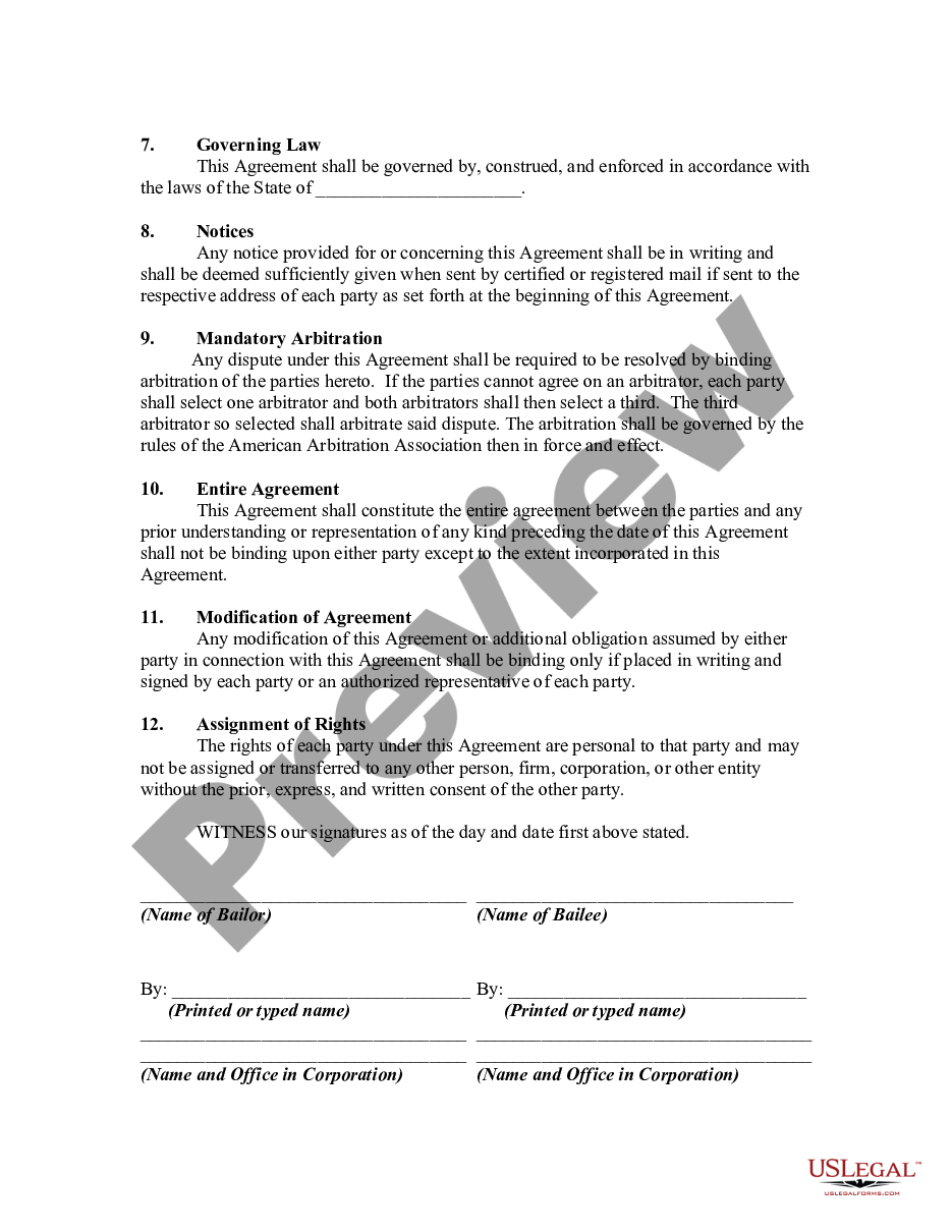 Bailment Agreement Form US Legal Forms