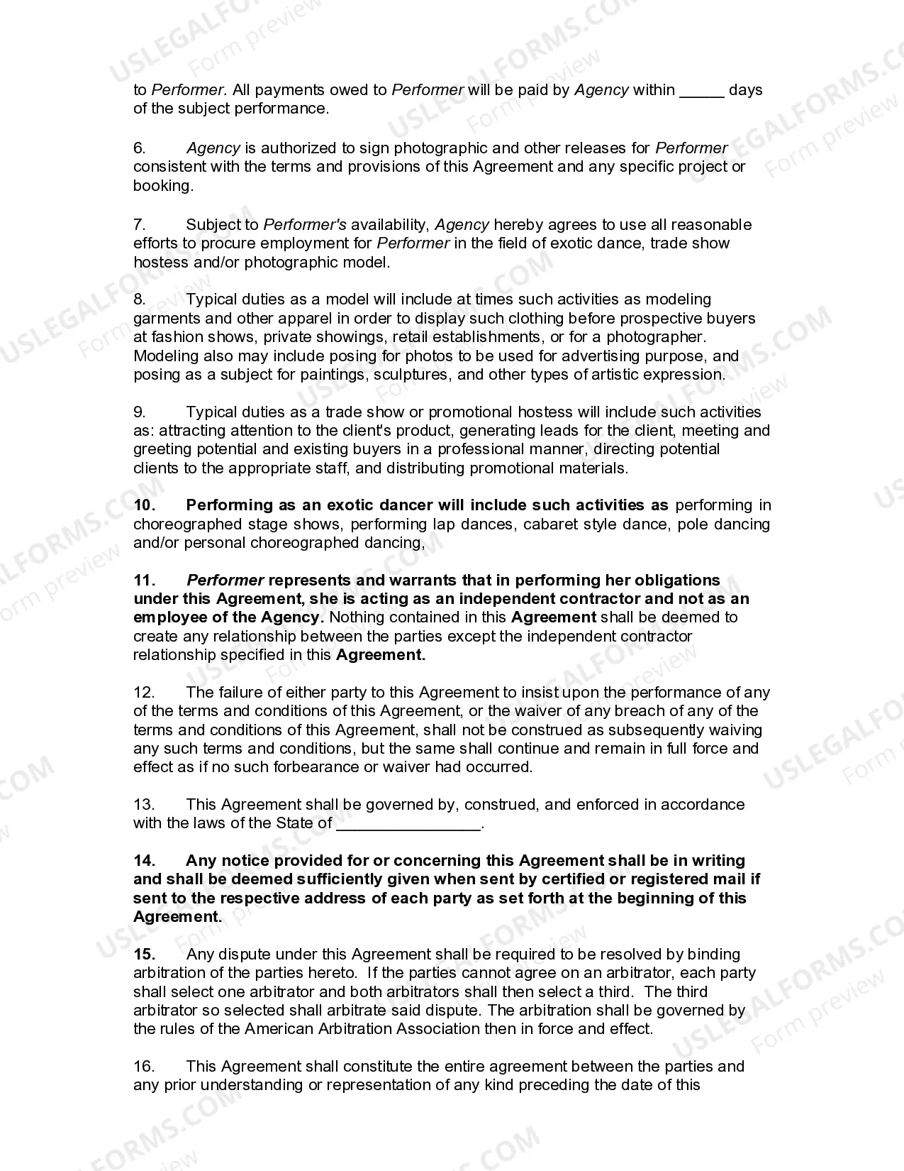Preview Agreement by Advertising / Talent Agency to Act as a Nonexclusive Talent Agency for Performer regarding Dancing Performances and Serving as a Model and/or Hostess at Promotional Events