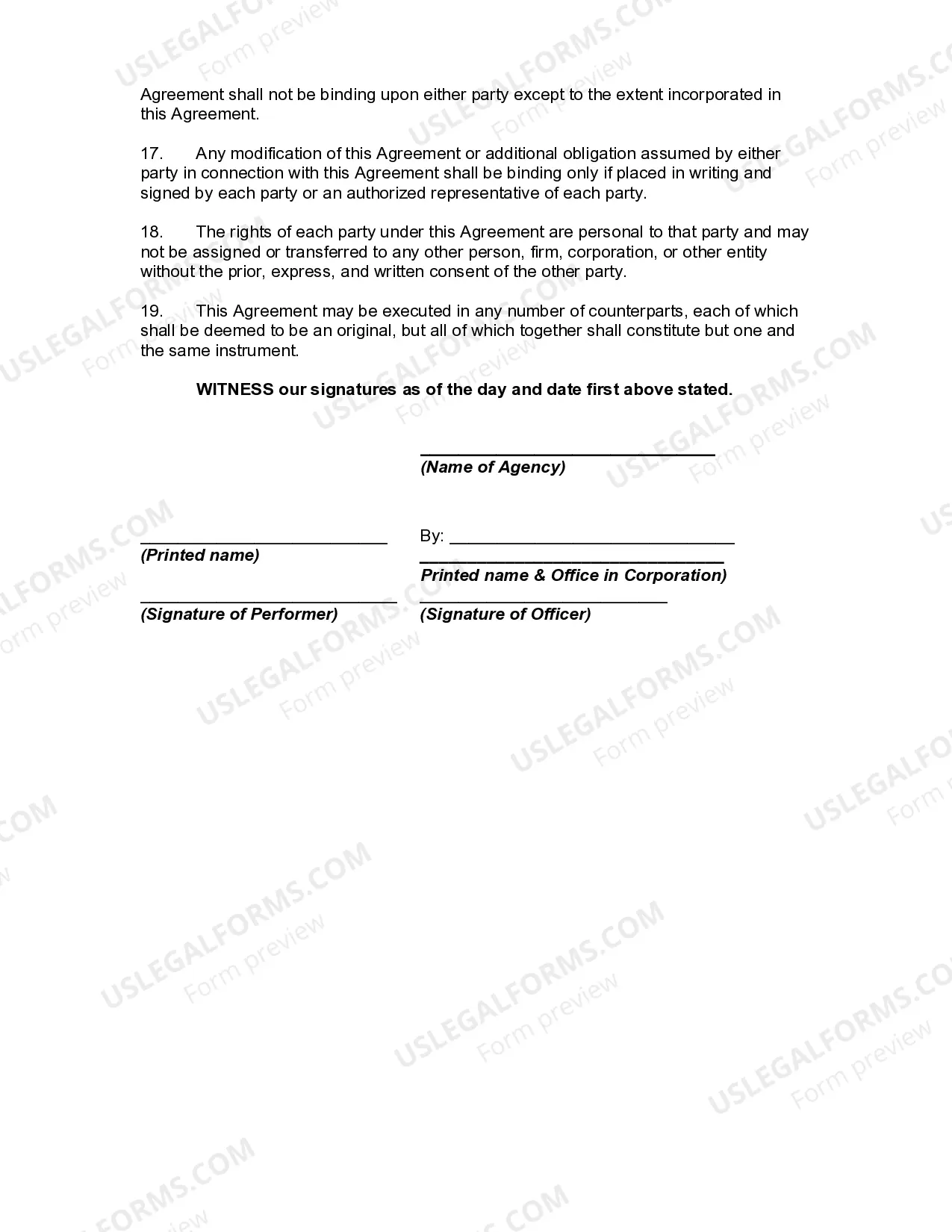 Preview Agreement by Advertising / Talent Agency to Act as a Nonexclusive Talent Agency for Performer regarding Dancing Performances and Serving as a Model and/or Hostess at Promotional Events