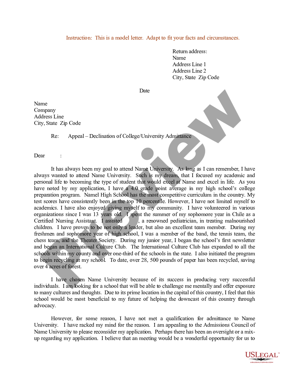 page 0 Sample Letter for Appeal - Declination of College or University Admittance preview