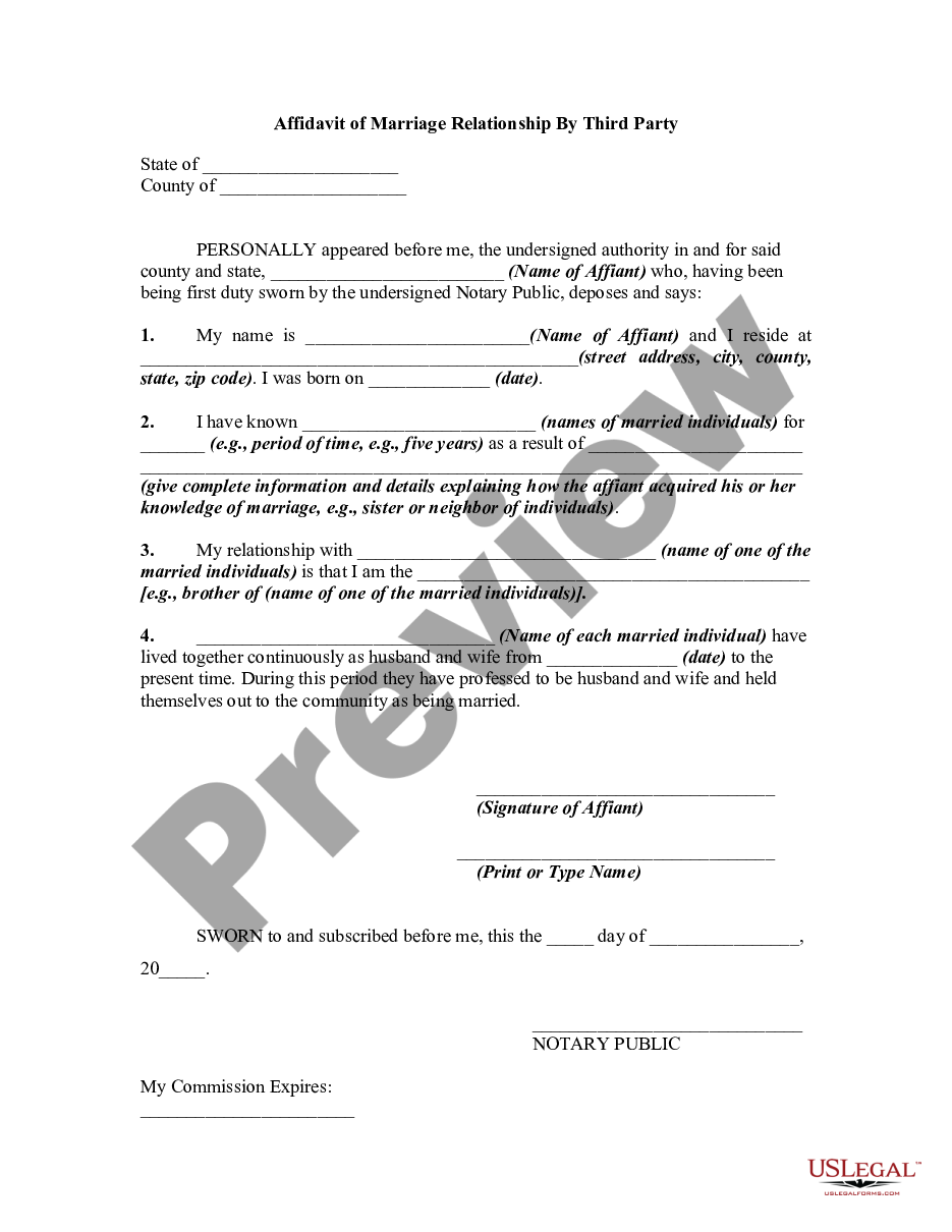 Nebraska Affidavit Of Marriage Relationship By Third Party Sample