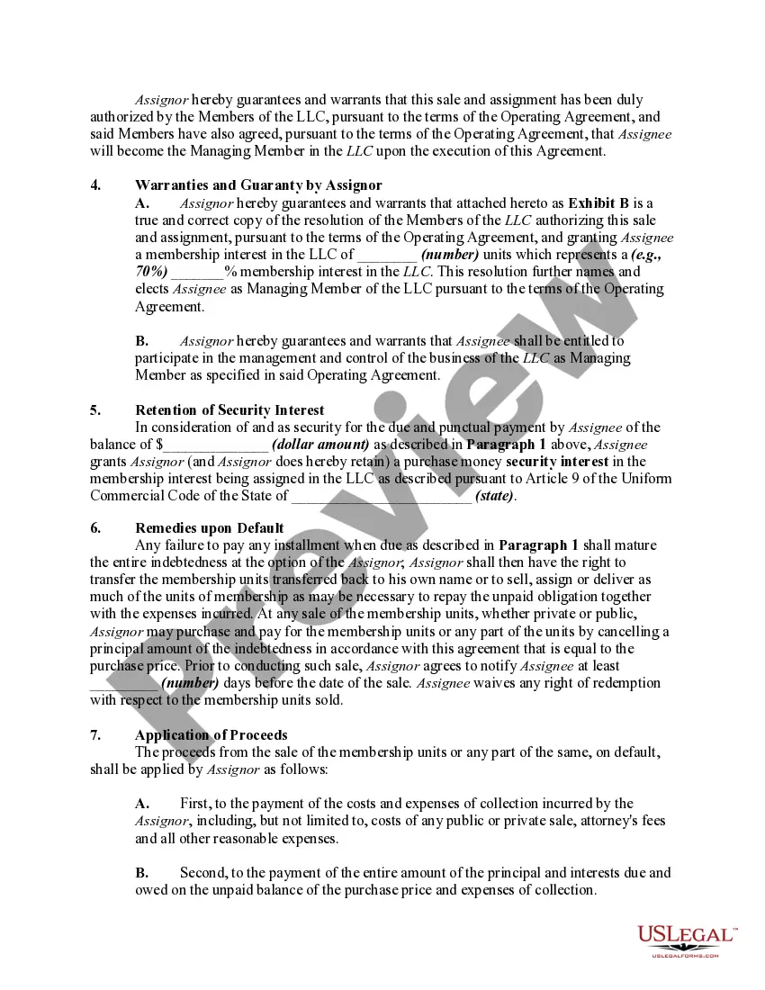 Get Sale and Assignment of a Majority Ownership Interest in a Limited Liability Company Pursuant to an Installment Sales Agreement and Retaining a Security Interest in the Membership Interest Being Sold and Assigned Until Paid Preview Sale and Assignment of a Majority Ownership Interest in a Limited Liability Company Pursuant to an Installment Sales Agreement and Retaining a Security Interest in the Membership Interest Being Sold and Assigned Until Paid