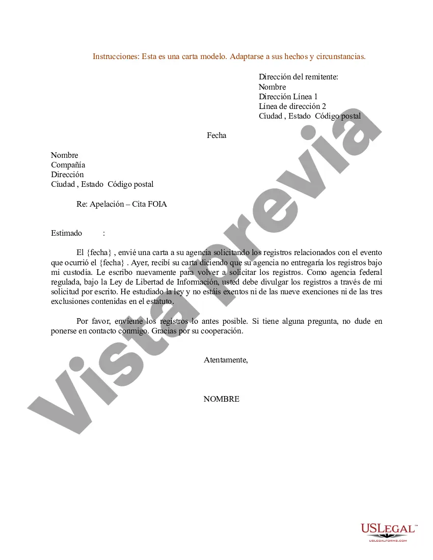 Preview Modelo de carta de apelación citando la Ley de libertad de información