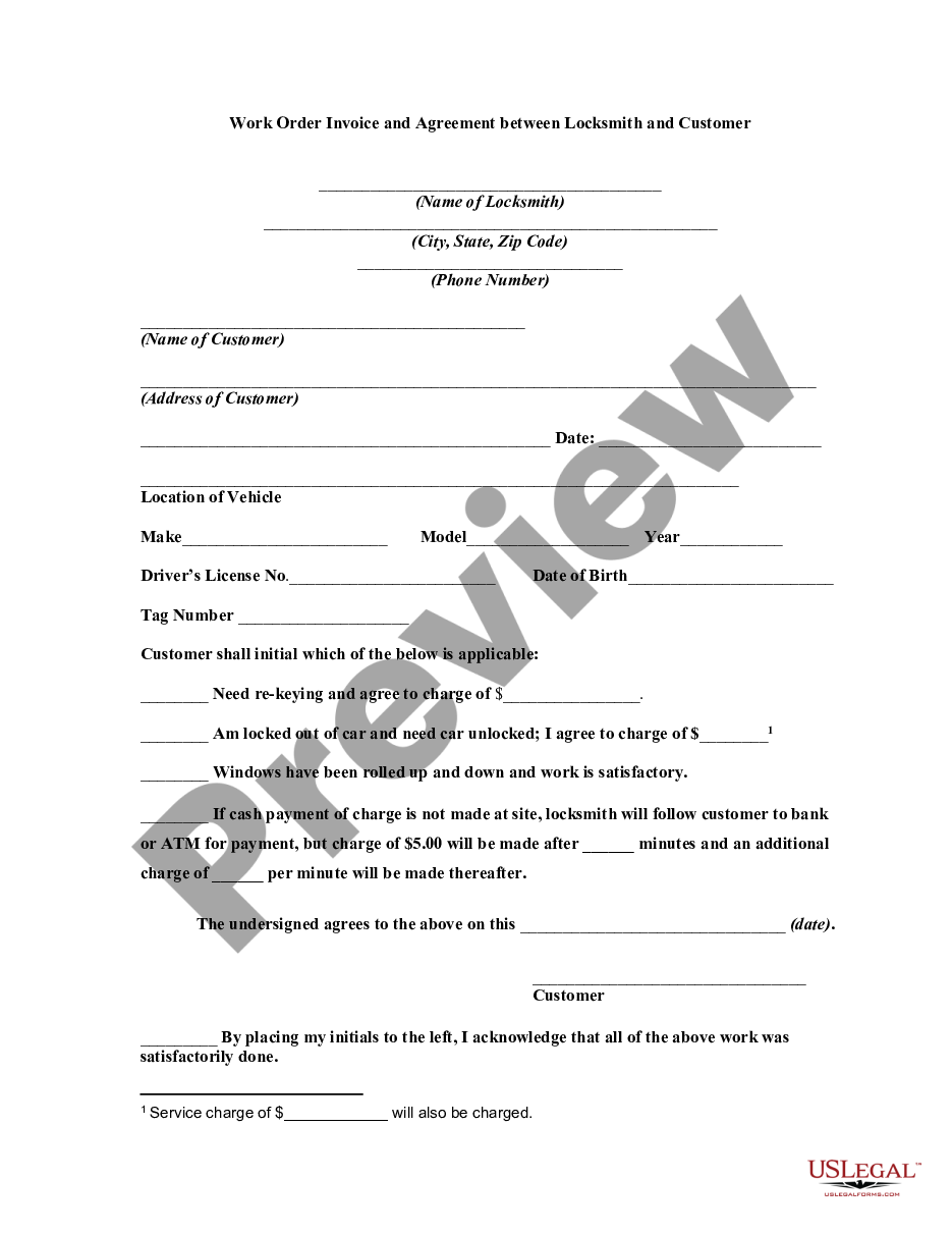 Tennessee Work Order Invoice And Agreement Between Locksmith And Customer Locksmith Invoice 2984