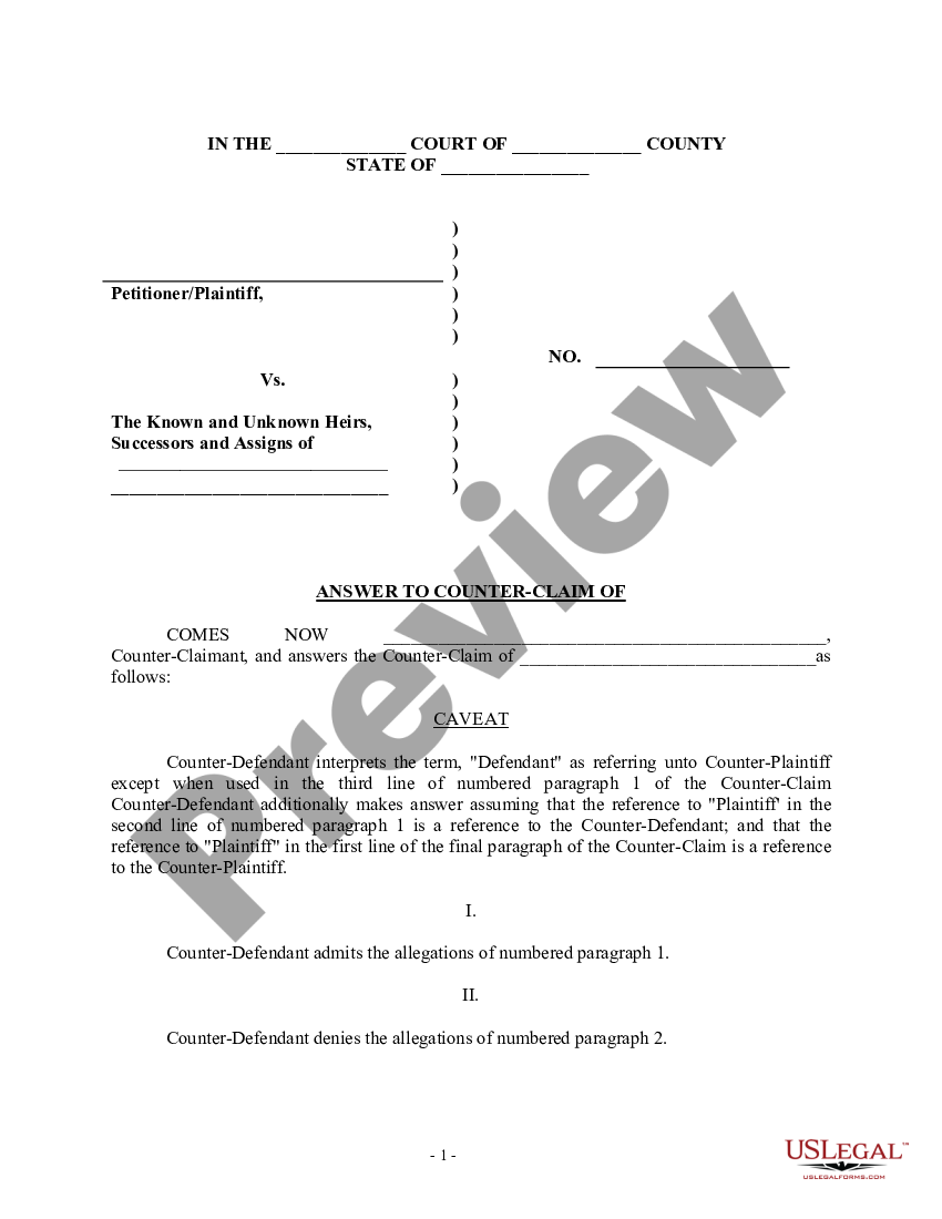 Answer to Counterclaim To Counterclaim US Legal Forms