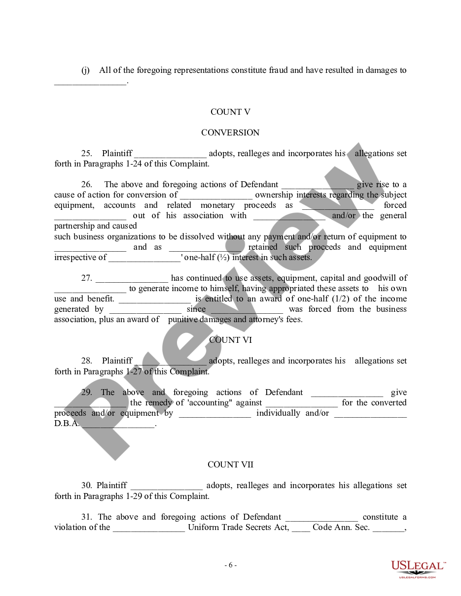 page 5 Complaint regarding Breach of contract, Fair dealing, Fraud, Conversion, Accounting, Trade Secrets Act. Agreement to Merge Businesses preview
