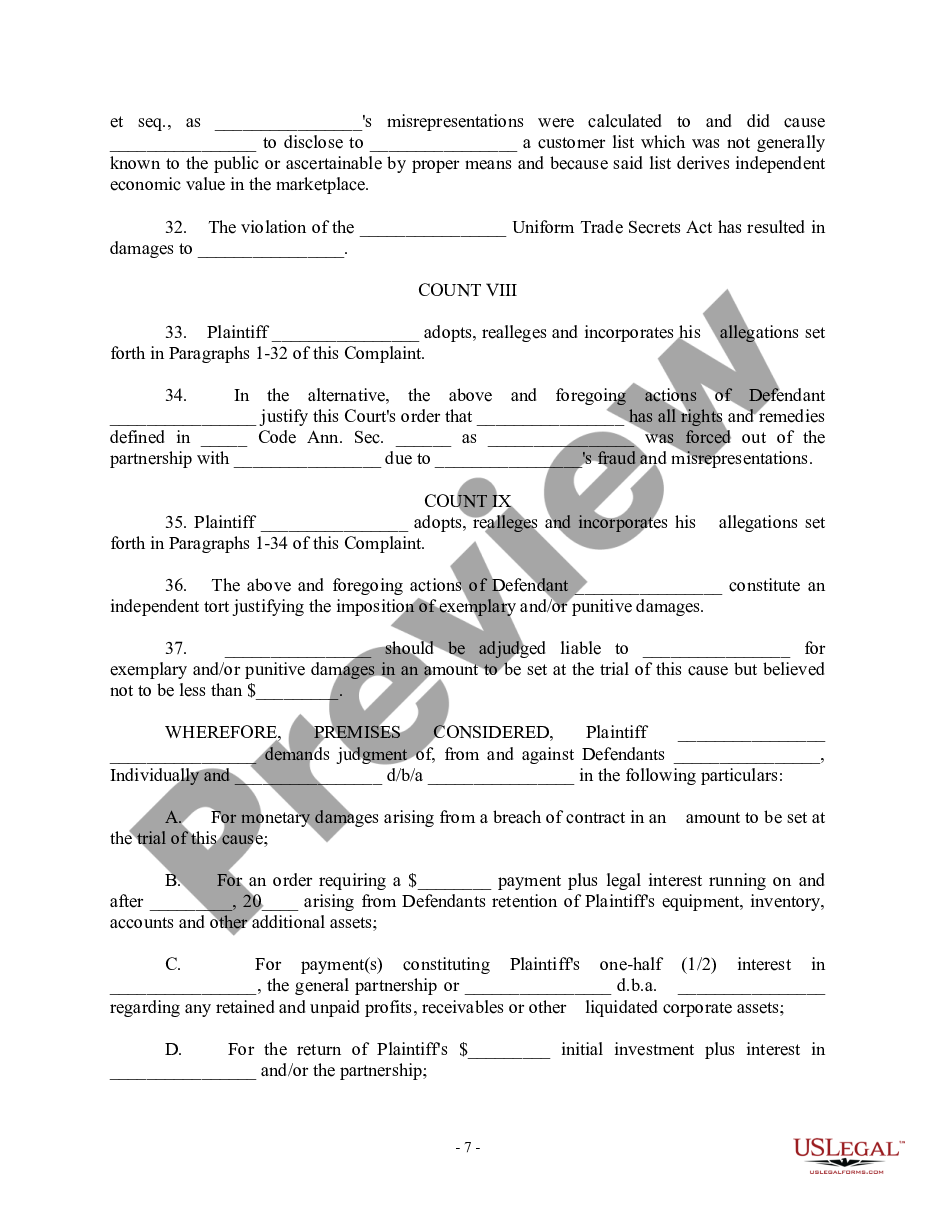 page 6 Complaint regarding Breach of contract, Fair dealing, Fraud, Conversion, Accounting, Trade Secrets Act. Agreement to Merge Businesses preview