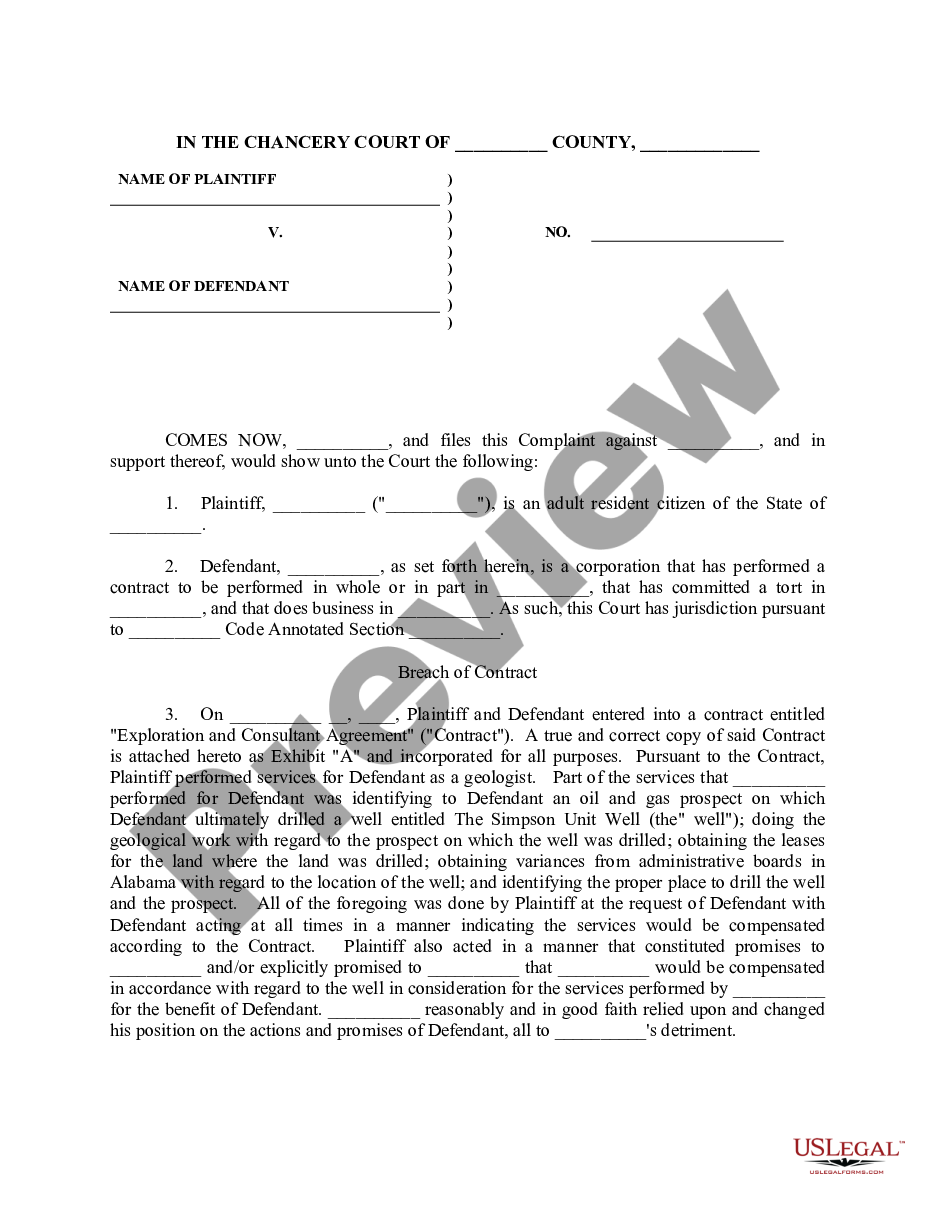 page 0 Sample Complaint - Breach of Contract - Exploration and Consultant Agreement preview