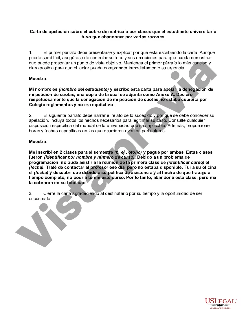 Preview Carta de apelación sobre el cobro de matrícula por clases que el estudiante universitario tuvo que abandonar por varias razones