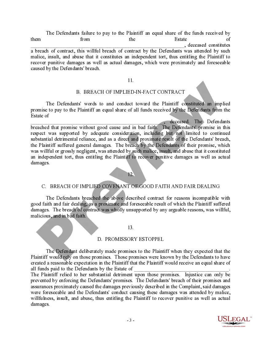 Get Complaint regarding Breach of Contract, Implied Contract, Good Faith and Fair Dealing, Promissory Estoppel, Emotional Distress Preview Complaint regarding Breach of Contract, Implied Contract, Good Faith and Fair Dealing, Promissory Estoppel, Emotional Distress