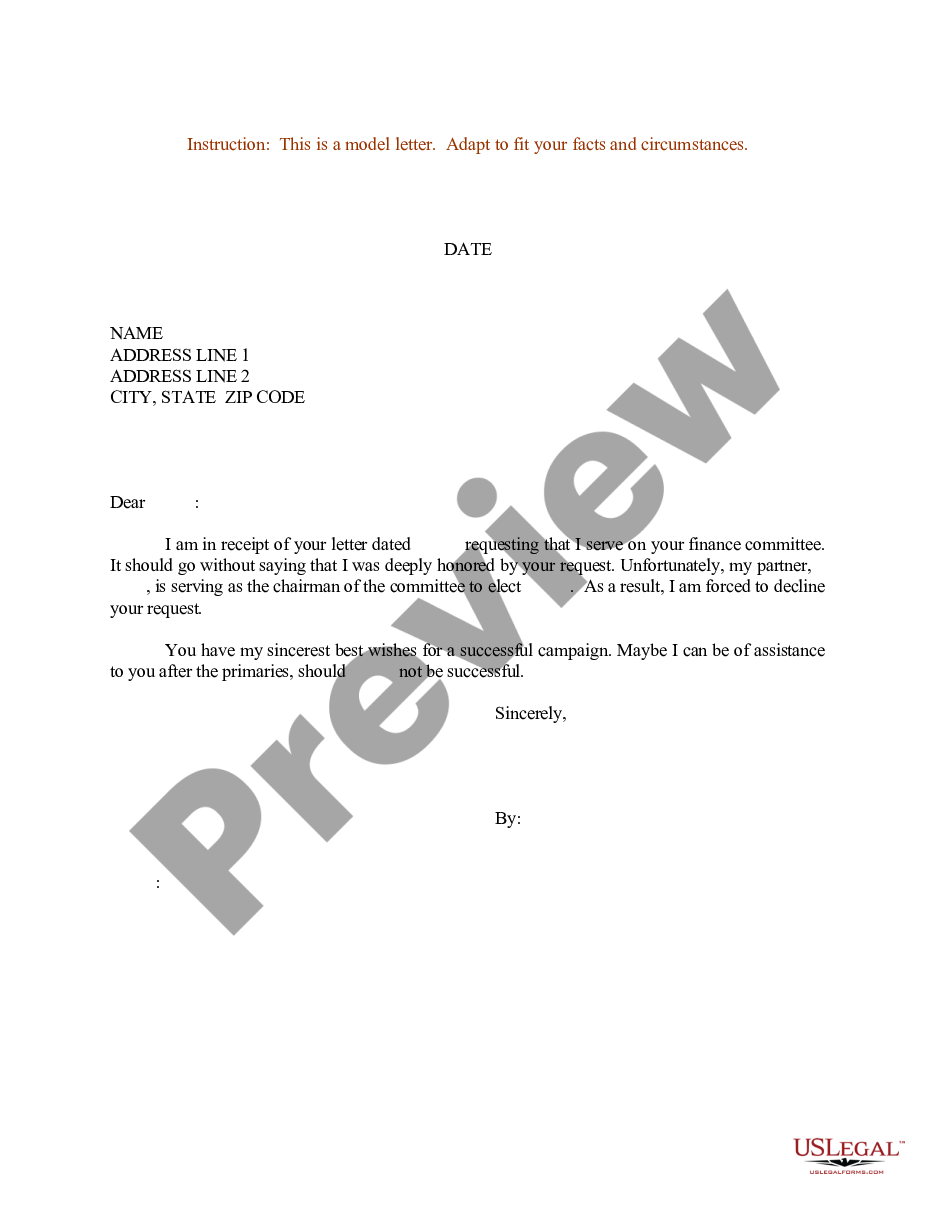 form Sample Letter for Decline of Partner to Serve on Political Committee preview