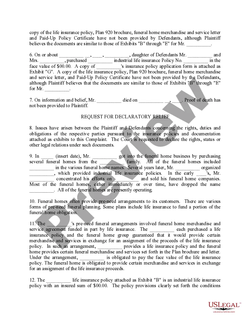 Get Complaint for Declaratory Judgment and Interpleader Action or Burial Policy Preview Complaint for Declaratory Judgment and Interpleader Action or Burial Policy