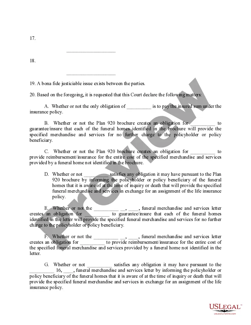Get Complaint for Declaratory Judgment and Interpleader Action or Burial Policy Preview Complaint for Declaratory Judgment and Interpleader Action or Burial Policy