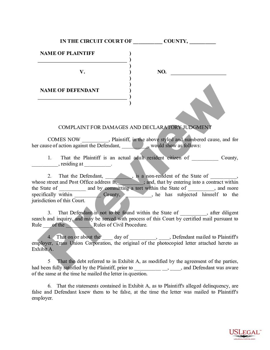 form Complaint for Damages and Declaratory Judgment preview