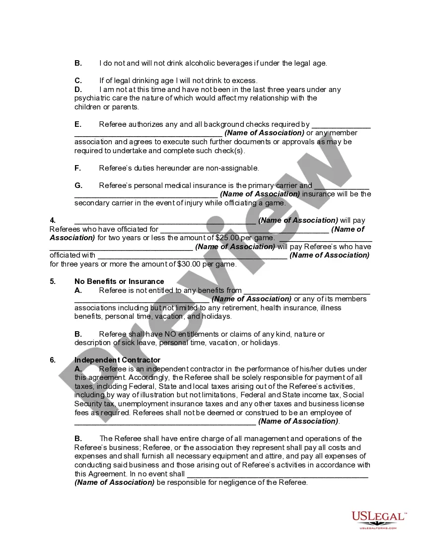 Preview Youth Football Officials Association Referee Agreement
