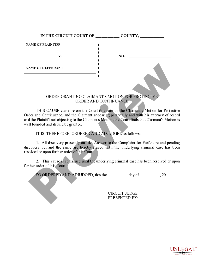 Order Granting Protective Order Protection Orders US Legal Forms