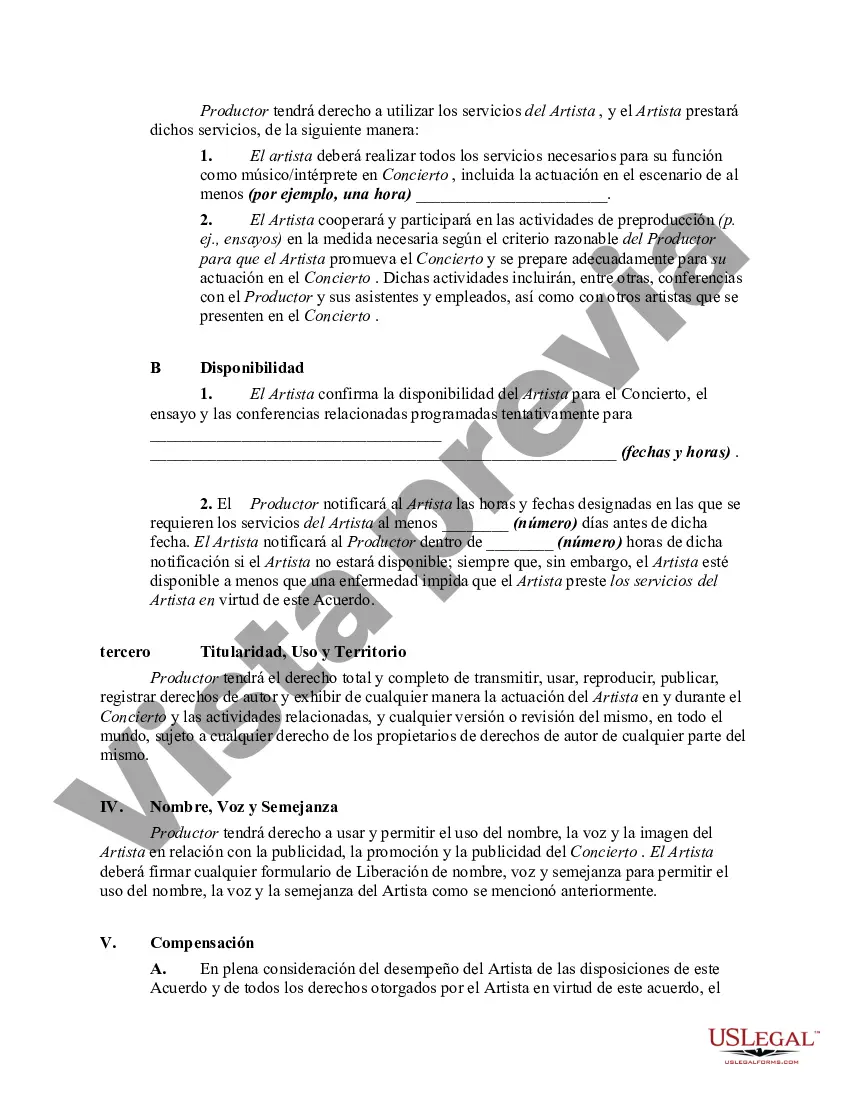 Preview Acuerdo de Servicios Personales o Actuación con el Artista para Actuar en un Concierto Musical