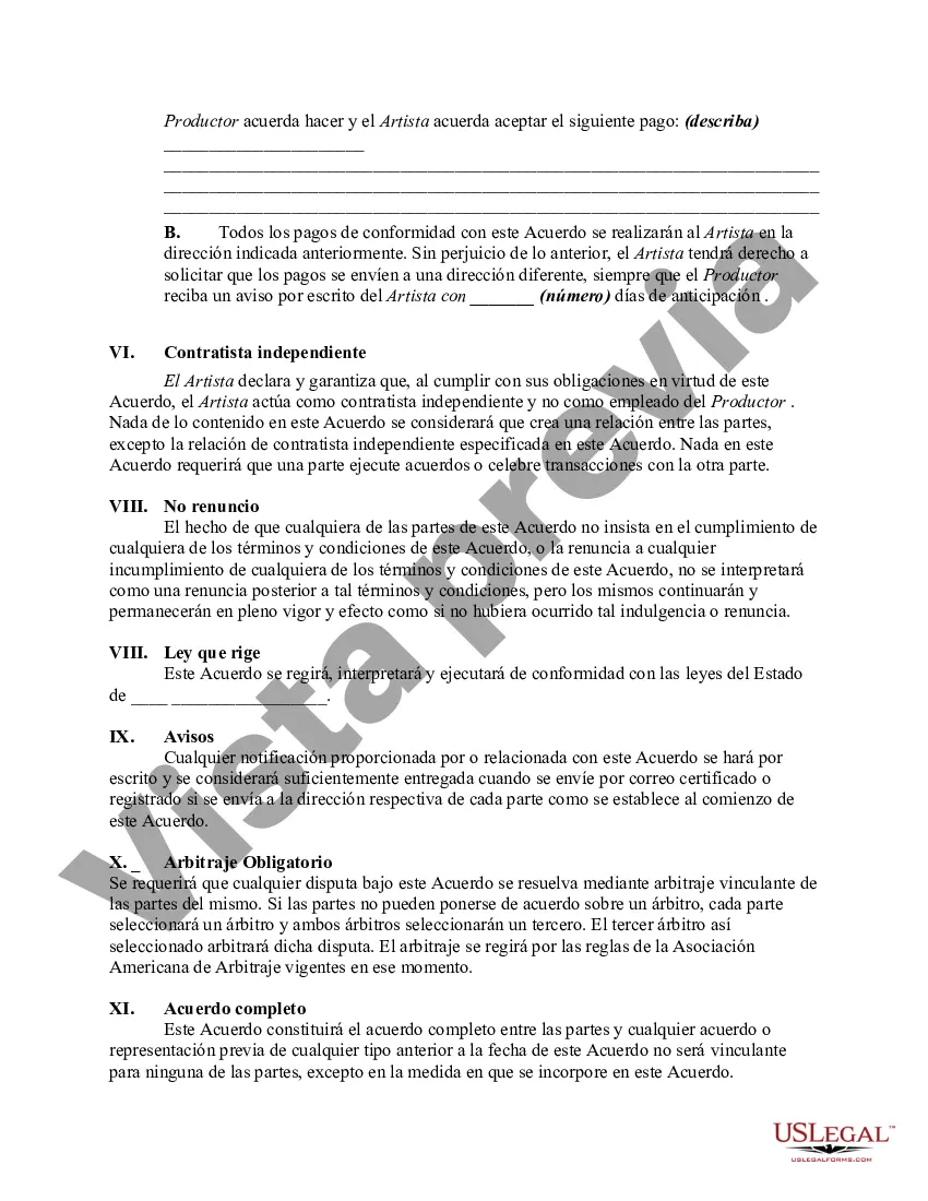 Preview Acuerdo de Servicios Personales o Actuación con el Artista para Actuar en un Concierto Musical