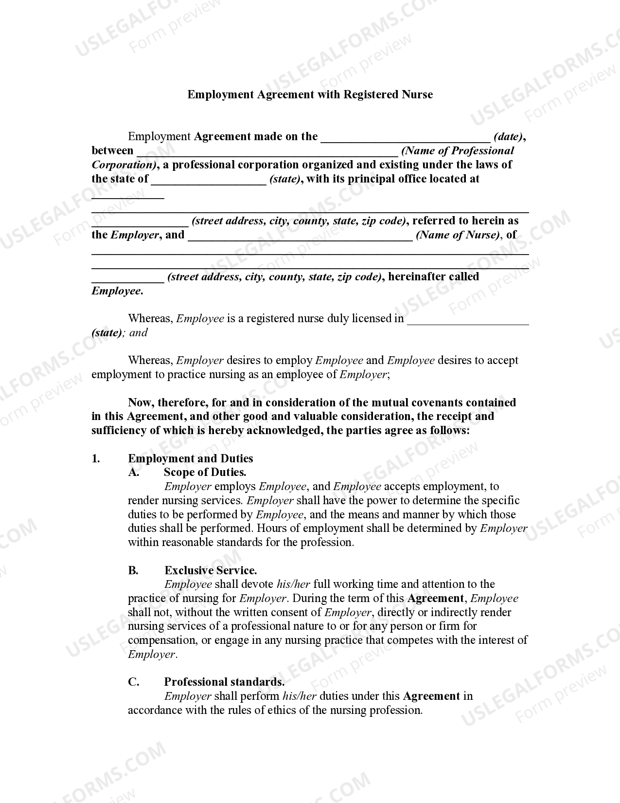 Employment Agreement with Registered Nurse US Legal Forms