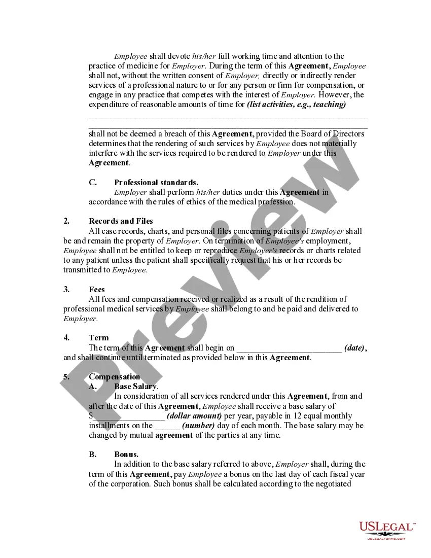 Preview Employment Agreement between Physician and Profession Corporation