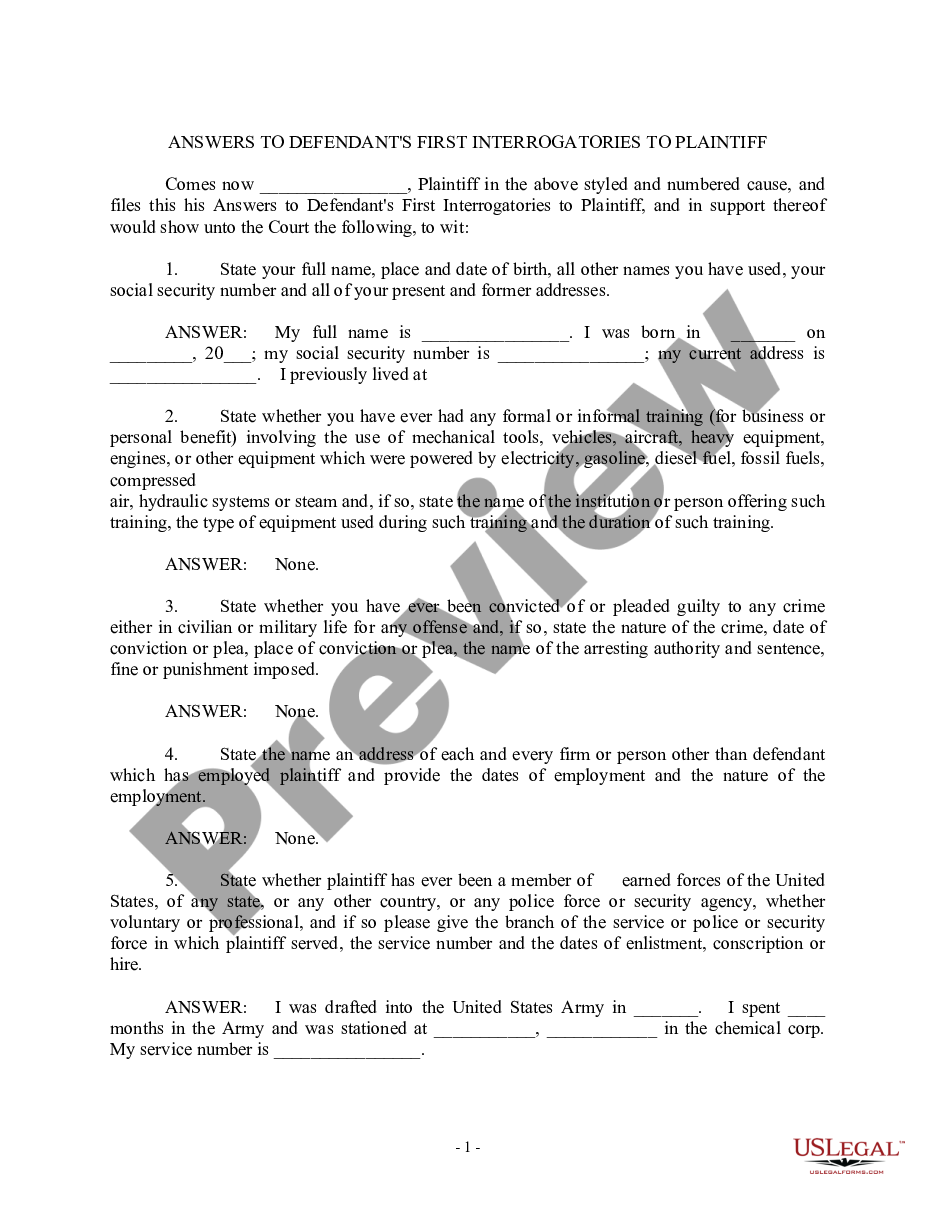 page 0 Answers To Defendant's First Interrogatories To Plaintiff preview