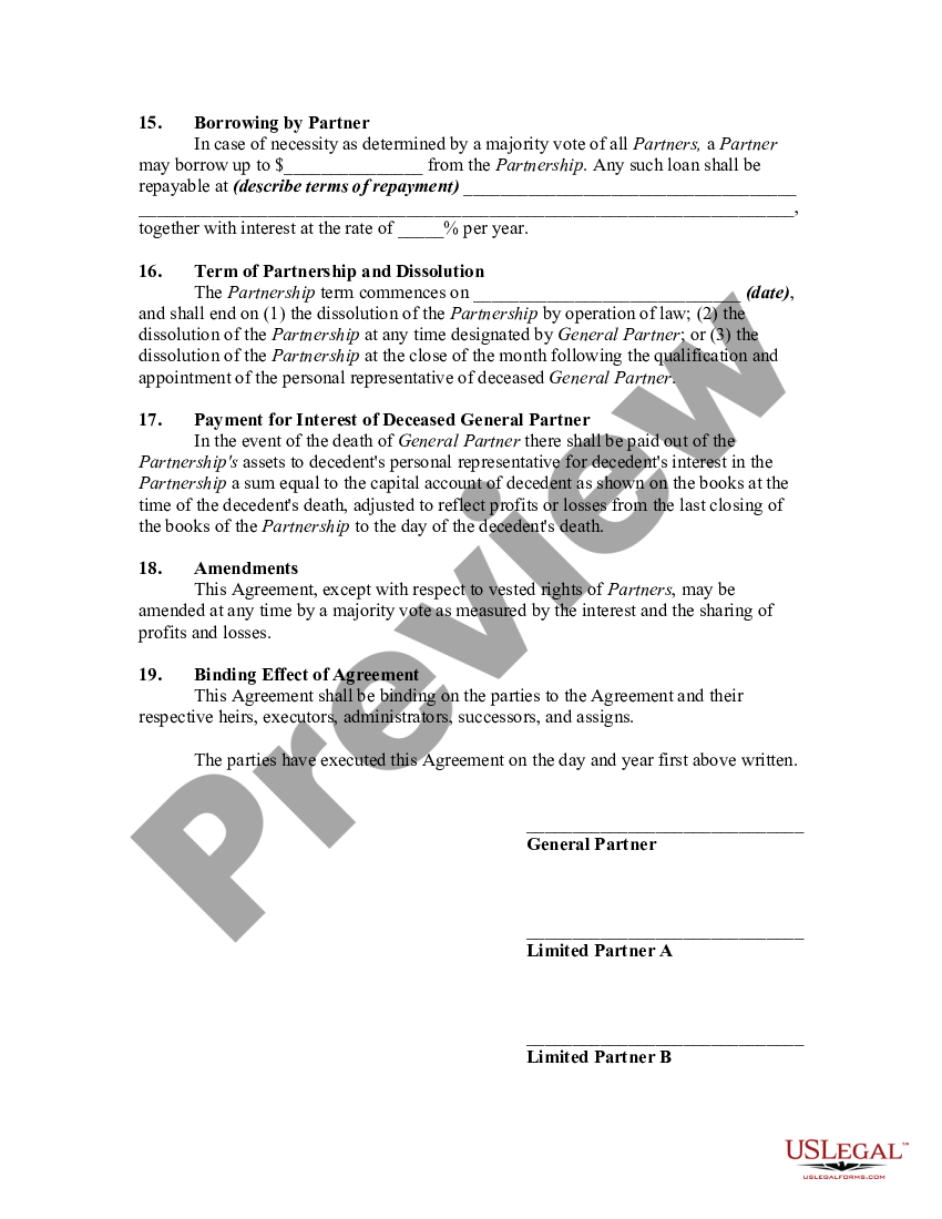 Nevada General Form Of Limited Partnership Agreement - Limited 