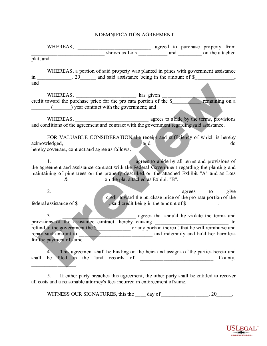 page 0 Indemnification Agreement for Sale of Real Estate with Planted Timber preview